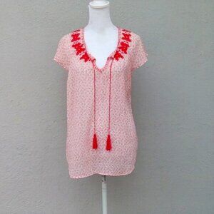 Anthropologie Under Skies Women's Top Red Print Neckline Embroidered Size Small